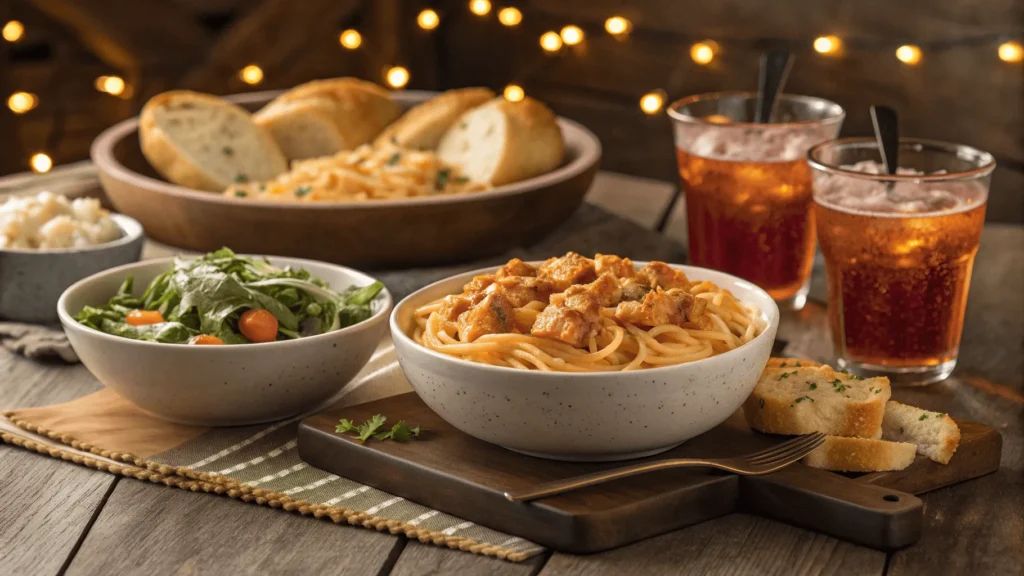 Buffalo chicken cream cheese pasta served with garlic bread and salad.