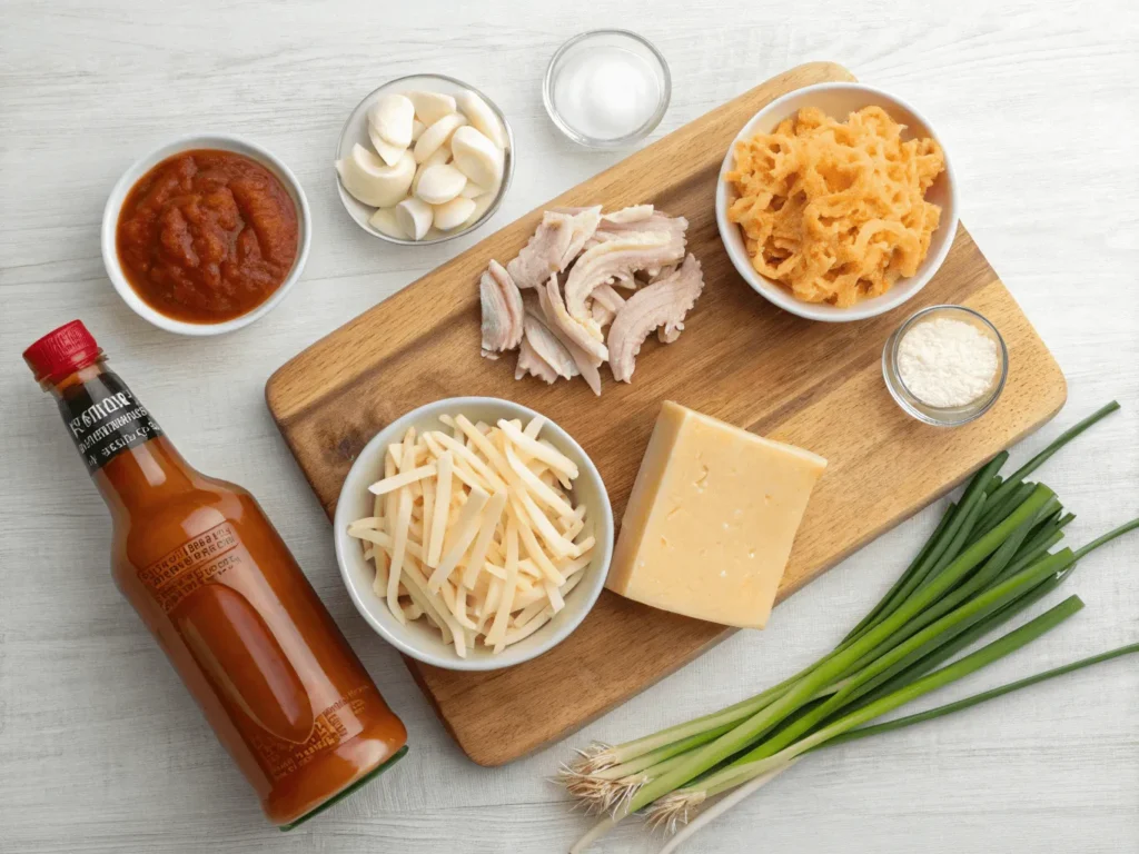 Flat lay of ingredients for buffalo chicken cream cheese pasta.