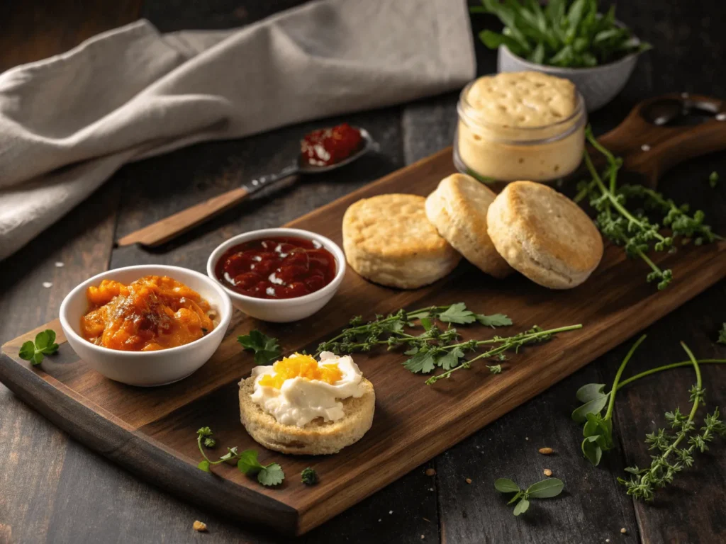 Brunch board with cream cheese biscuits and spreads