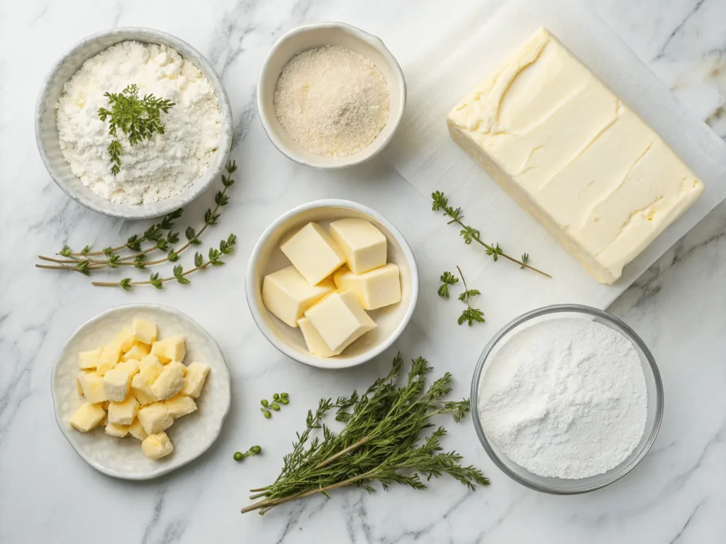 Flat lay of cream cheese biscuit ingredients on marble