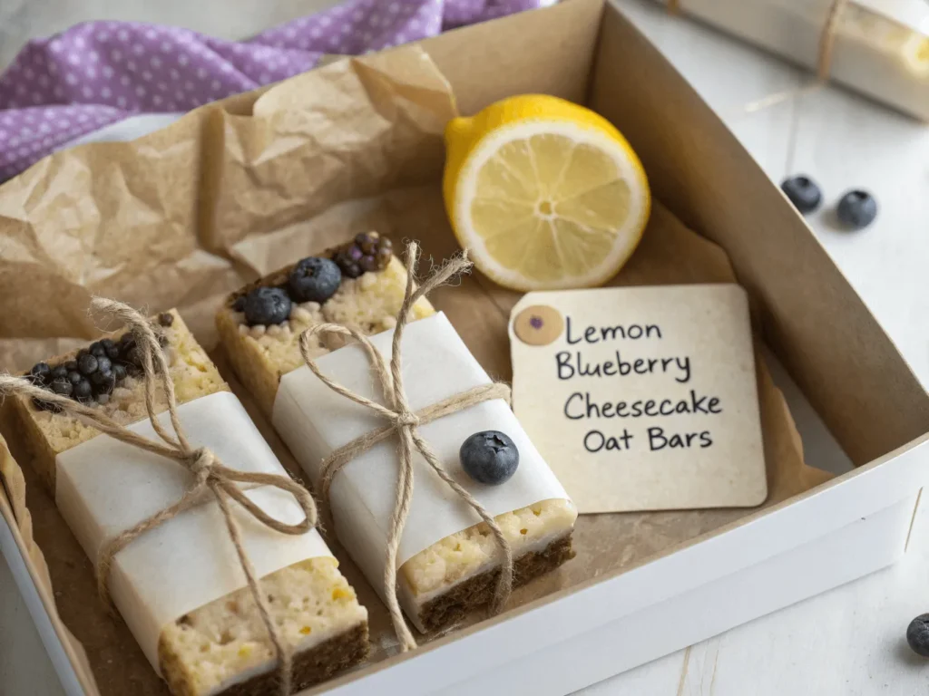 Lemon blueberry cheesecake bars wrapped in parchment as a gift