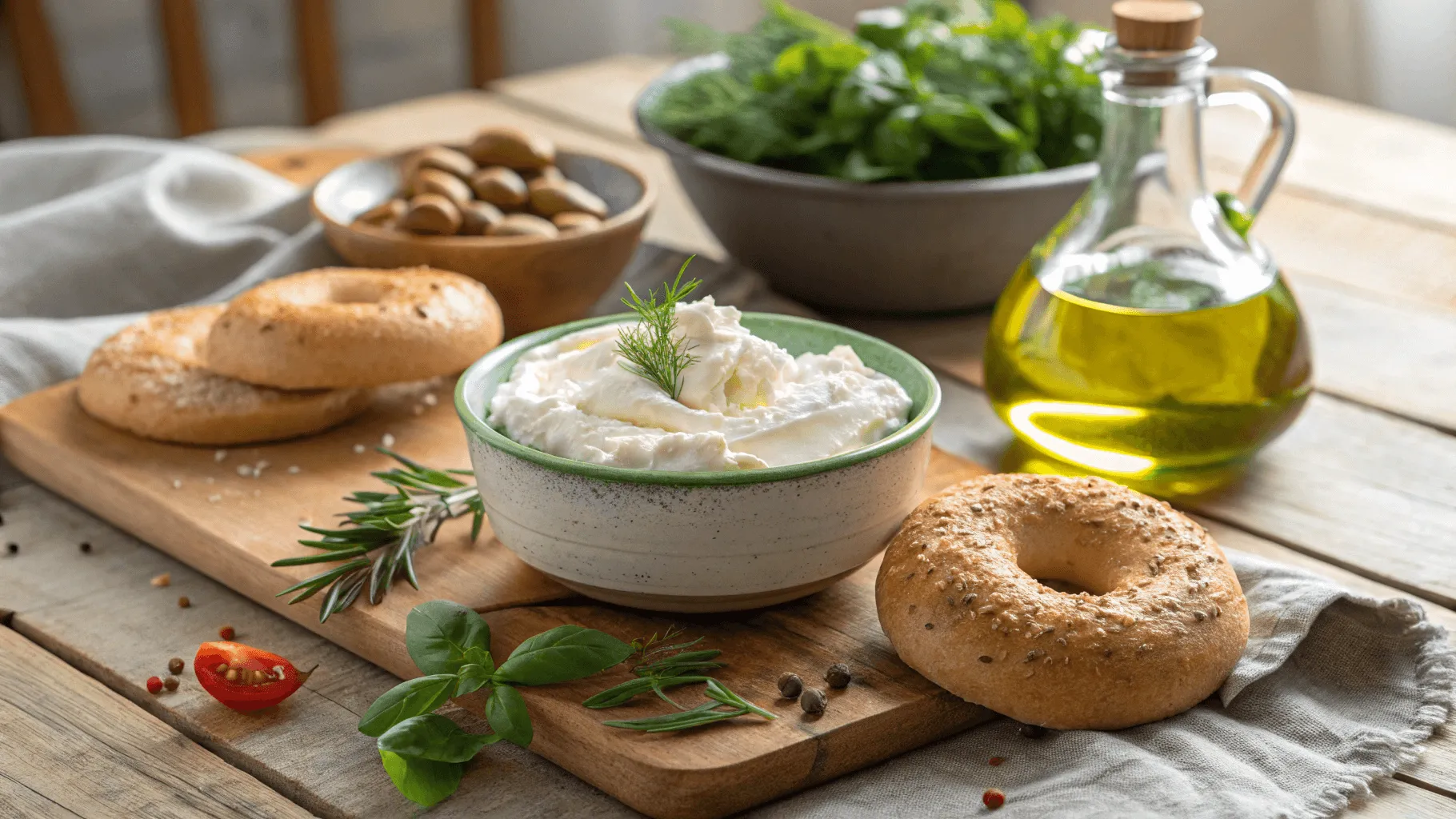 Bowl of Greek cream cheese with bagels and herbs on a rustic kitchen table
