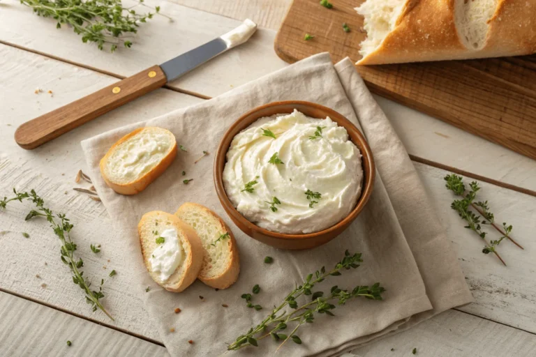 Whipped Greek cream cheese with herbs on a rustic table
