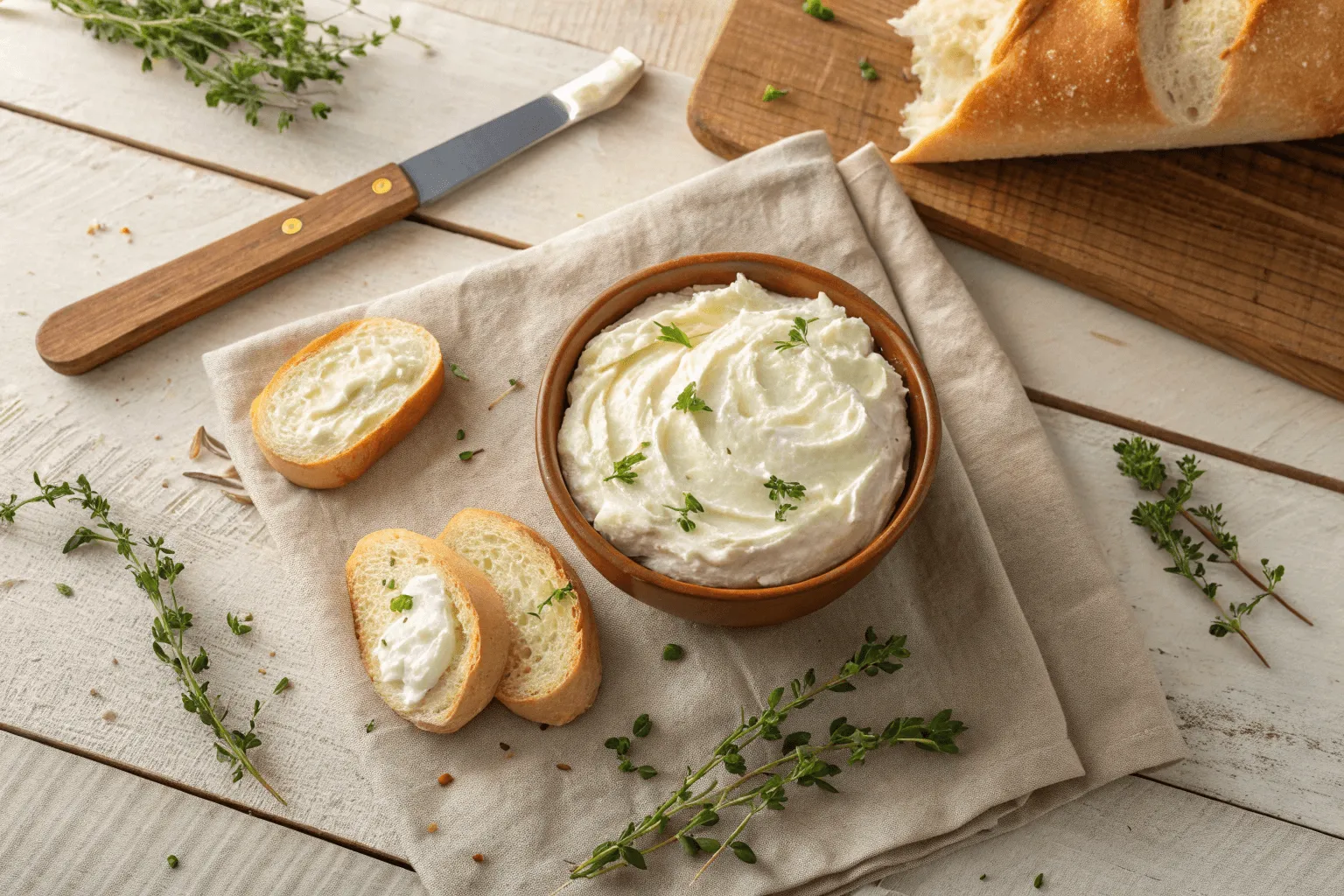 Whipped Greek cream cheese with herbs on a rustic table