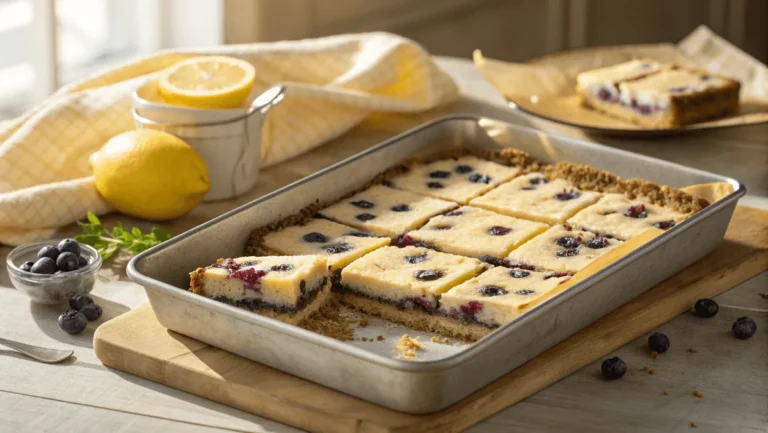 Freshly baked lemon blueberry cheesecake oat bars in a rustic kitchen