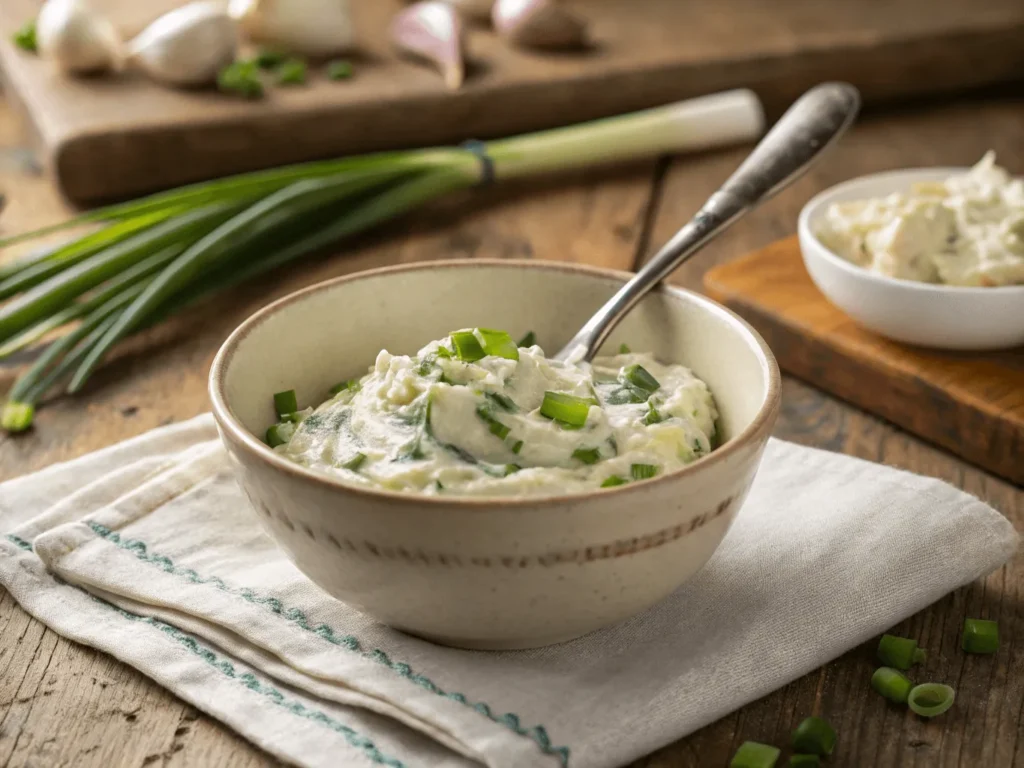 Scallion cream cheese being mixed in a bowl with chopped green onions
