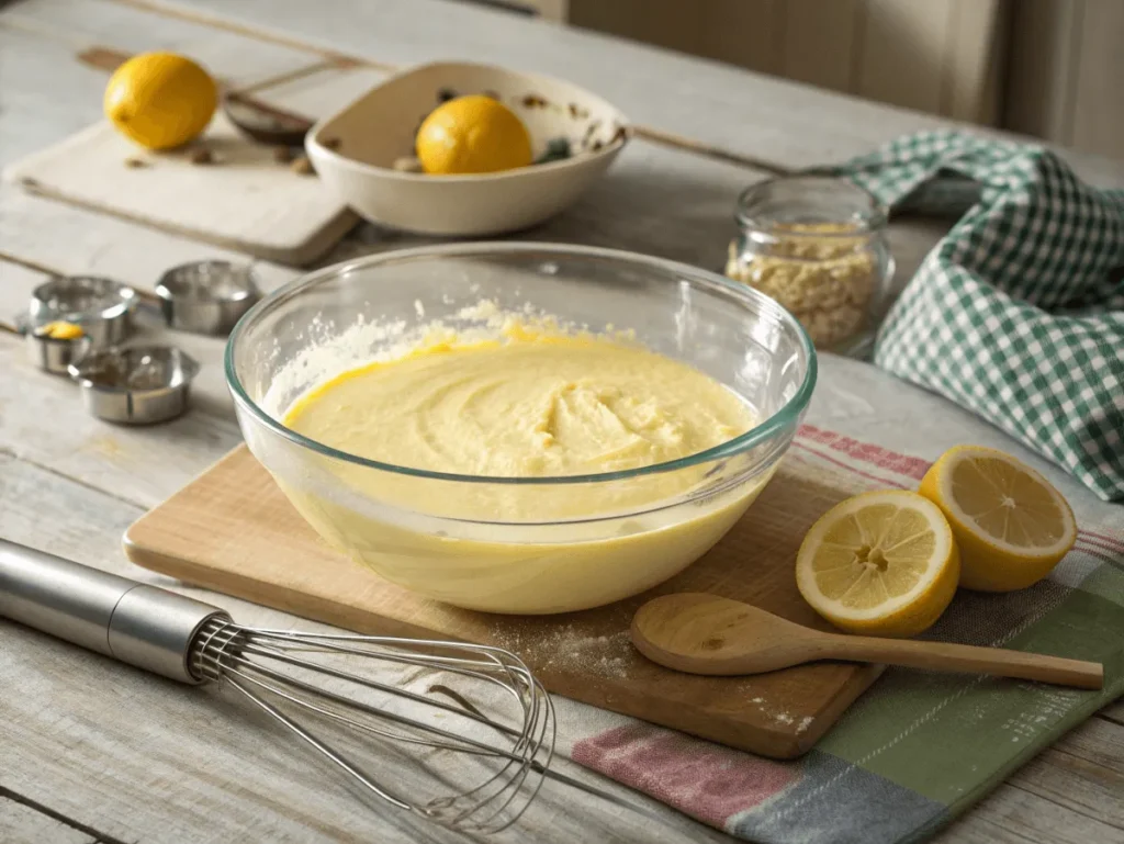 Creamy lemon cheesecake filling in a mixing bowl with lemon zest