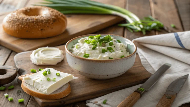 Homemade scallion cream cheese in a ceramic bowl on a rustic wooden table