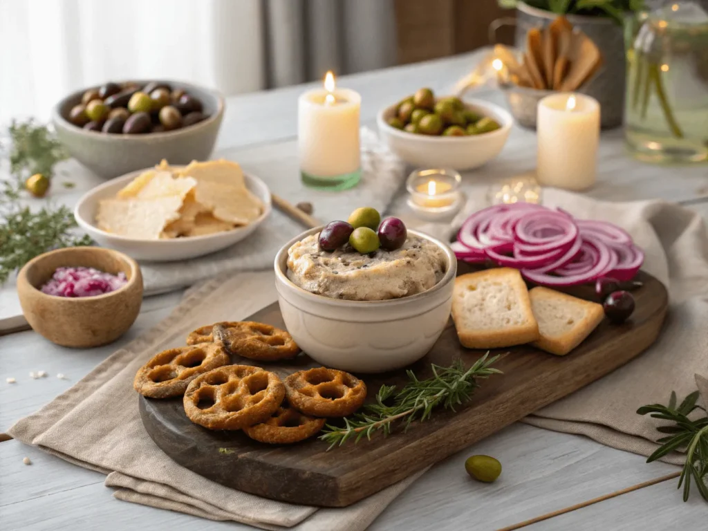 Appetizer board with smoked cream cheese and assorted dippers