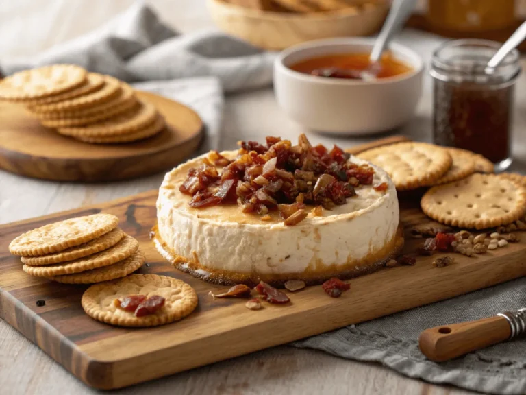 Smoked cream cheese served on a wooden board with bacon and hot honey