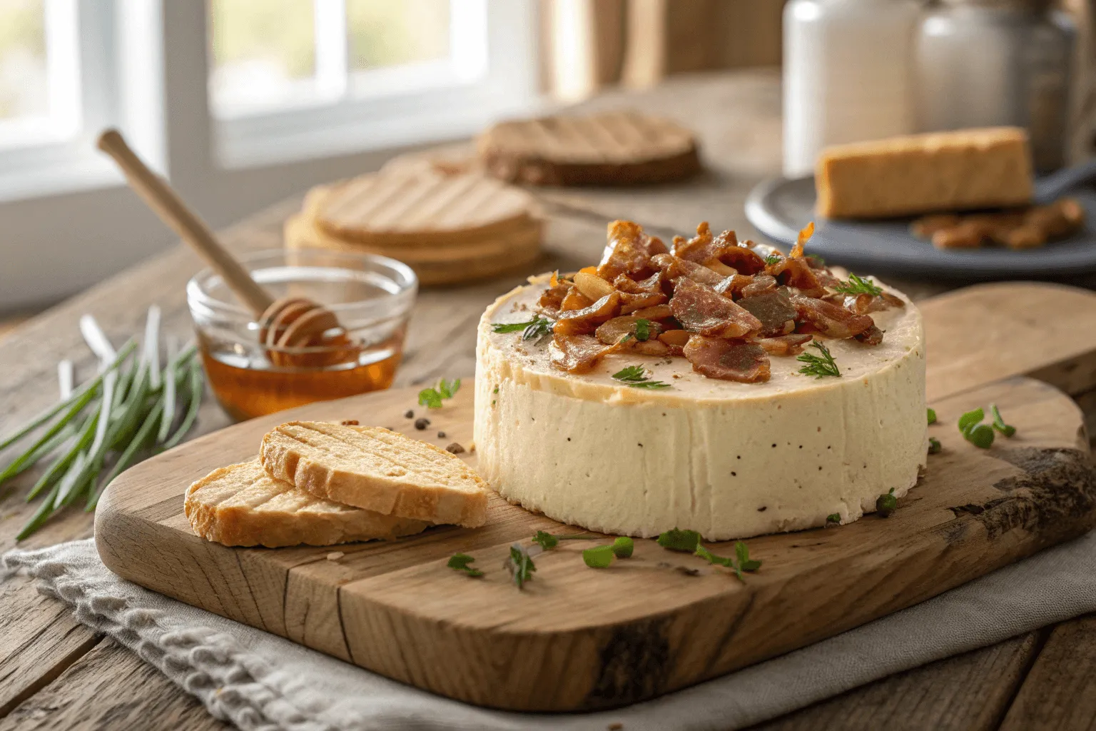 Golden smoked cream cheese with bacon, honey, and chives on wooden board