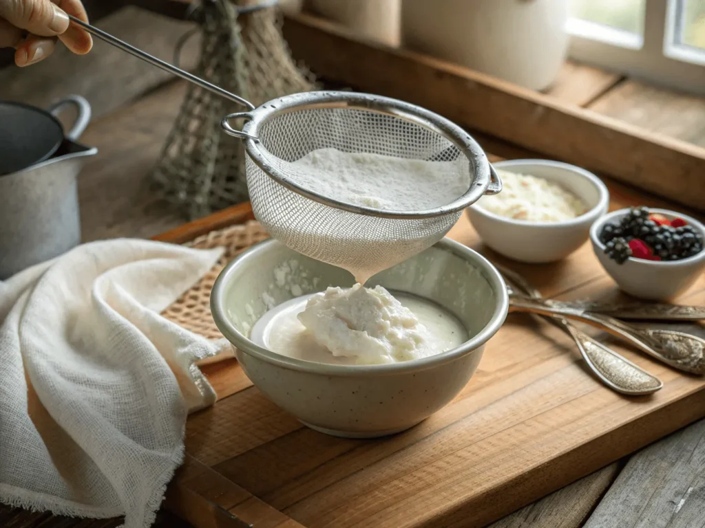 Greek yogurt being strained in cheesecloth to make cream cheese