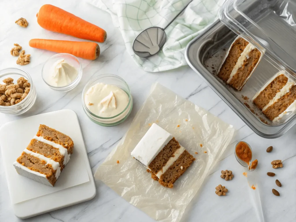Store cream cheese desserts – carrot cake slices and storage tools
