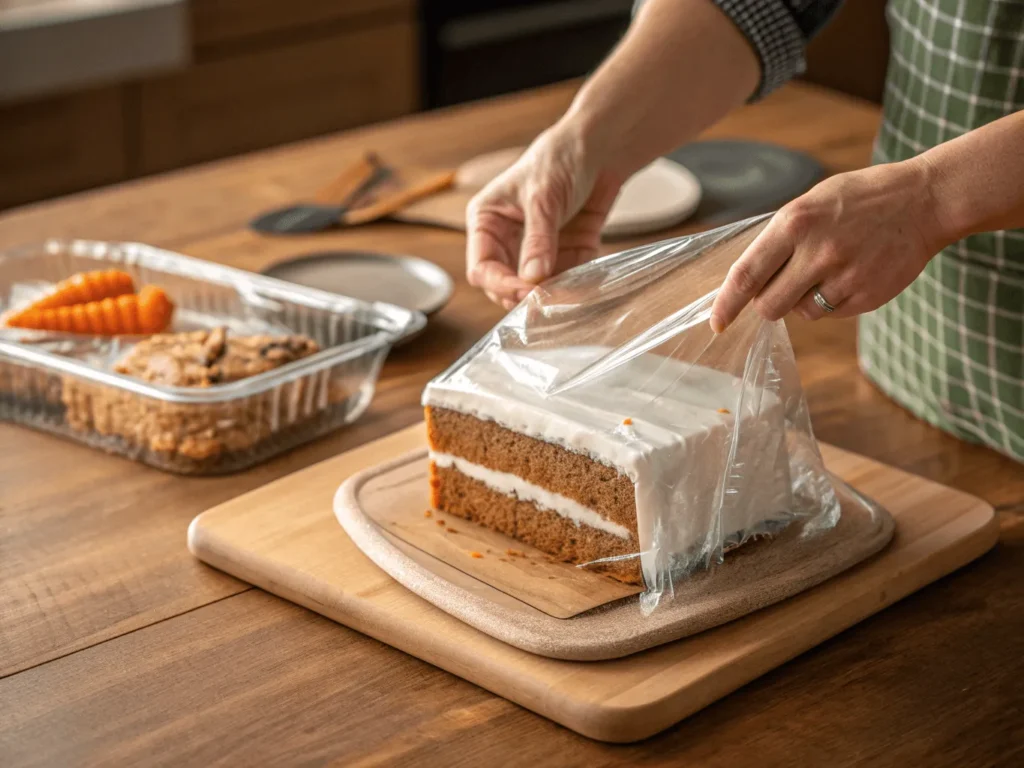Store cream cheese desserts – wrapping carrot cake slice for storage