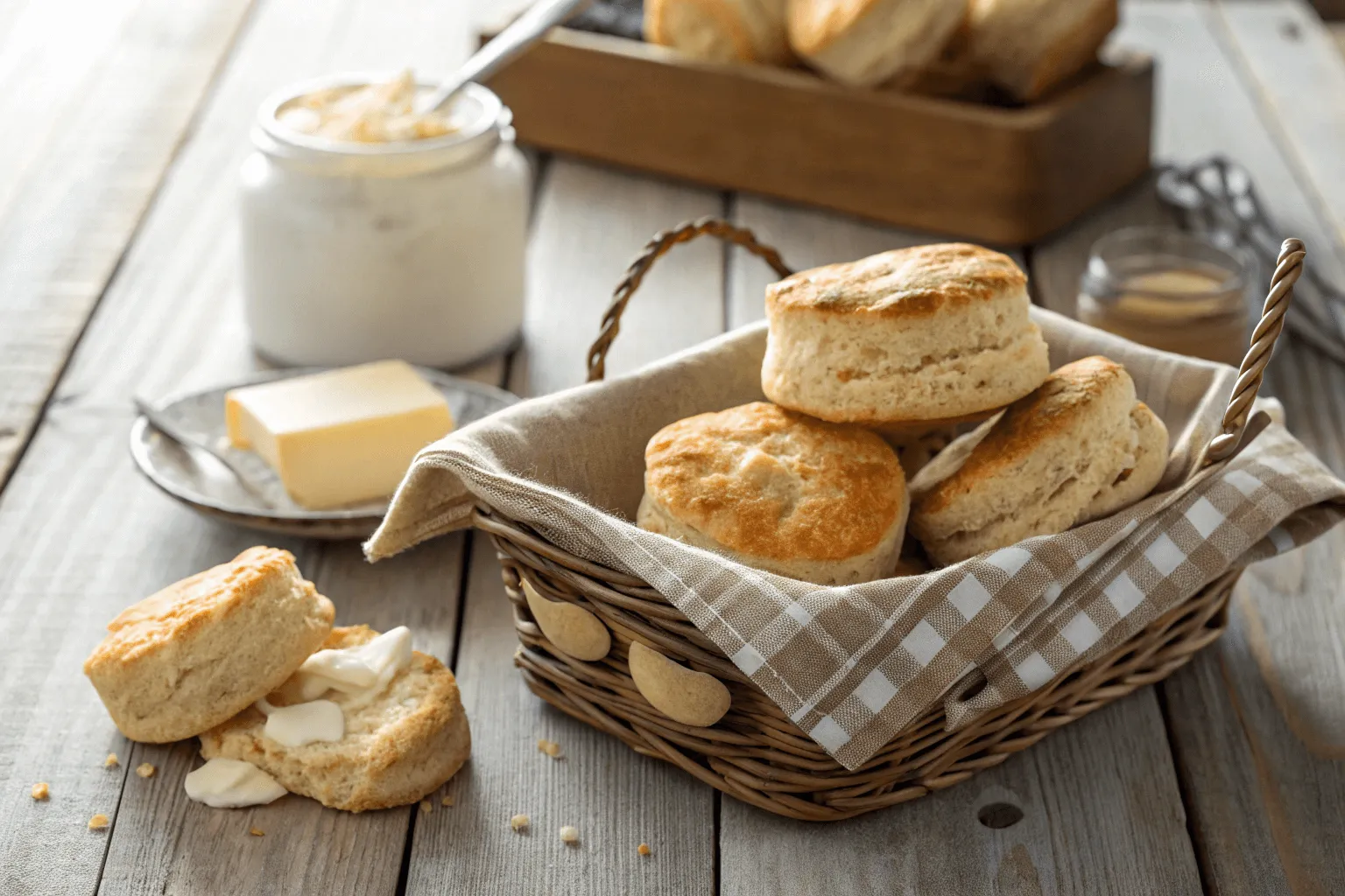 Golden flaky cream cheese biscuits in a basket with melted butter