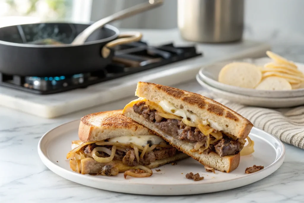 Cream-Cheese Cousin of Chopped Cheese sandwich cross-section on plate