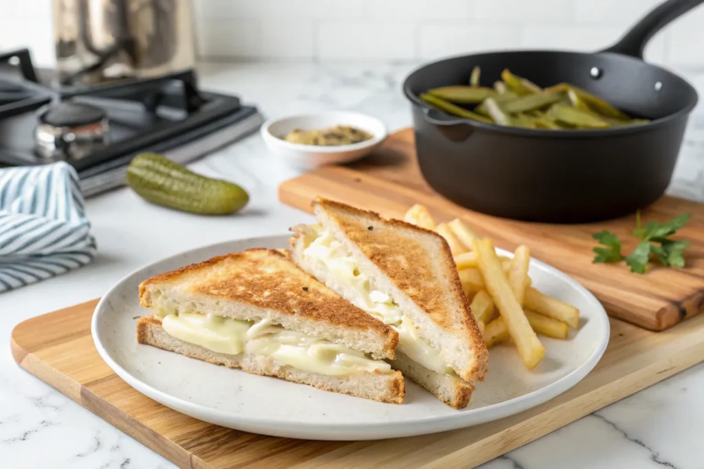 Cream-Cheese Cousin of Chopped Cheese served with fries and pickles