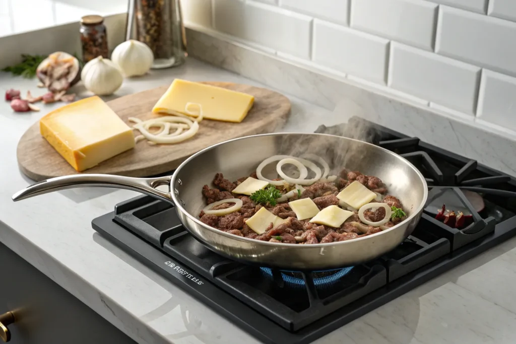 Cream-Cheese Cousin of Chopped Cheese process shot in skillet