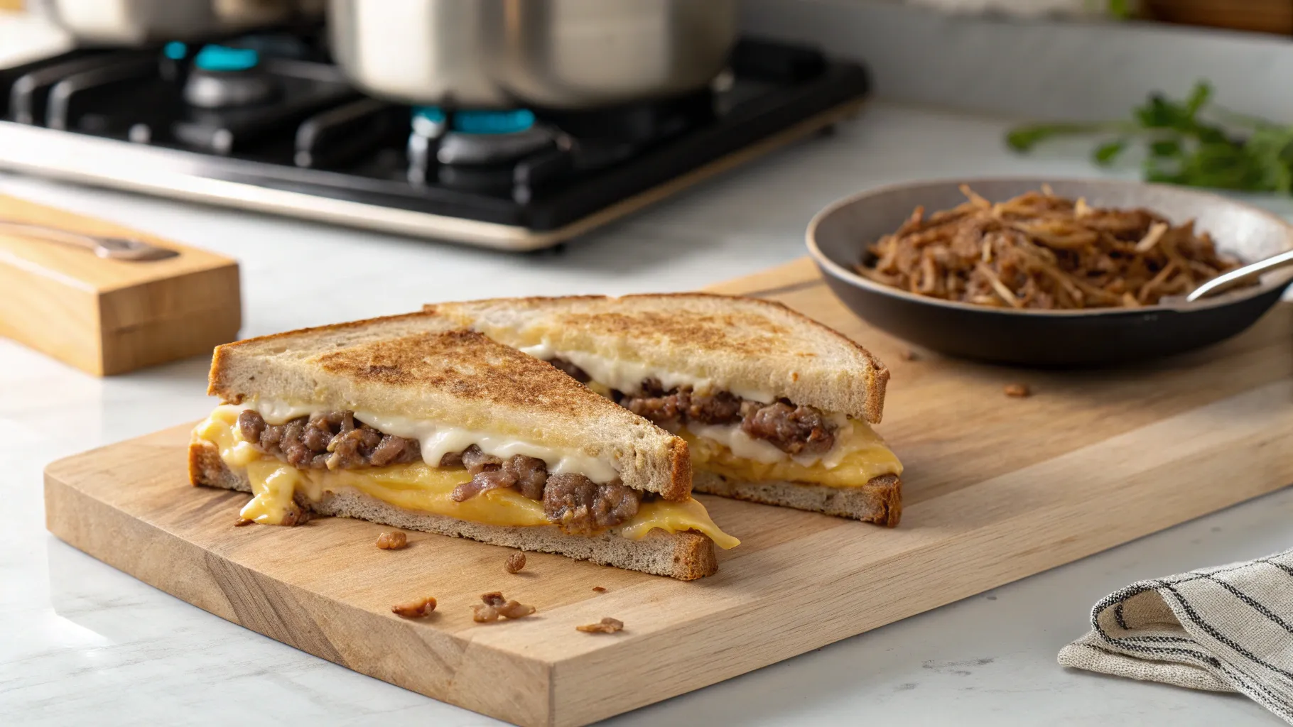 Cream-Cheese Cousin of Chopped Cheese featured close-up on cutting board